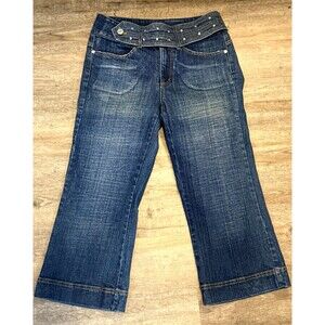 Boom Boom Jeans Low Rise Cropped Wide Leg Y2K Size 14 Belted Rhinestones Stretch